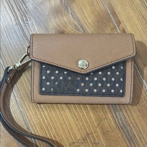 Tan and Black Clutch with Flap Closure and Metallic Studs